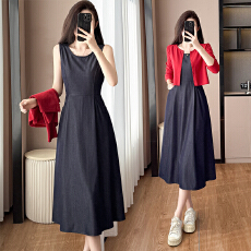 批发复古收腰牛仔连衣<b class='q'>裙</b>子+开衫两件套大码女装胖mm春秋季新款胖妹妹