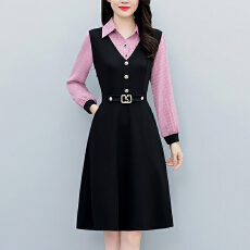 批发撞色拼色假两件套修身中长款大码女装胖mm妈妈装长袖<b class='q'>连衣</b>裙春为季