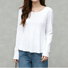 实拍微胖设计感春季T恤女新款韩版圆领修身显瘦百搭长袖弹力上衣