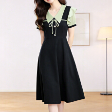 批发短袖夏季新款淑女范气质假两件套修身中长款连衣裙子大码女装胖mm