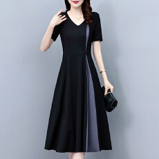 批发夏季新款大码女装拼色胖mm短袖修身<b class='q'>显瘦</b>中长款连衣裙子