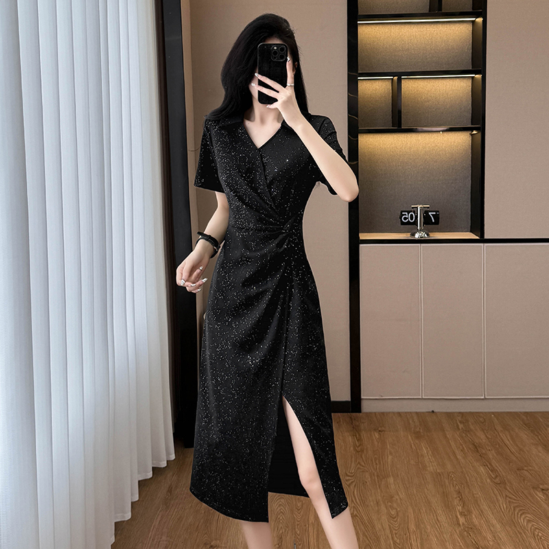 RY793# 亮晶晶时尚洋气修身气质显瘦大码女装胖mm短袖中长款开叉连衣裙夏