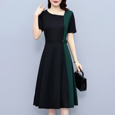 批发大码<b class='q'>女装</b><b class='q'>胖</b>mm<b class='q'>拼接</b>撞色短袖修身显瘦中长款连衣裙夏季新款