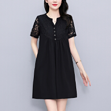 批发宽松休闲蕾丝镂空拼接大码<b class='q'>女装</b><b class='q'>胖</b>mm<b class='q'>黑色</b>短袖连衣裙夏季新款阔太太