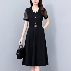 批发职场气质修身中长款大码<b class='q'>女装</b><b class='q'>胖</b>mm<b class='q'>黑色</b>显瘦蕾丝短袖连衣裙夏季新款