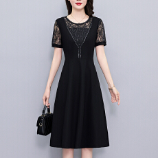 批发镂空蕾丝拼接夏季新款短袖连衣裙大码<b class='q'>女装</b><b class='q'>胖</b>mm<b class='q'>胖</b>妹妹阔太太中长款