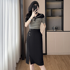 批发条纹<b class='q'>拼接</b>假两件套修身显瘦大码女装胖mm夏季新款短袖<b class='q'>连衣裙</b>妈妈装