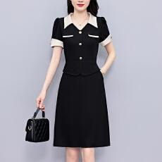 批发职场气质拼色大码女装胖mm短袖<b class='q'>连衣裙</b>修身显瘦夏新款阔太太妈妈装