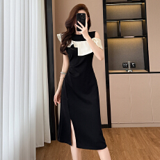 批发时尚洋气修身气质显瘦撞色拼接大码女装胖mm夏季连衣裙子黑色收腰