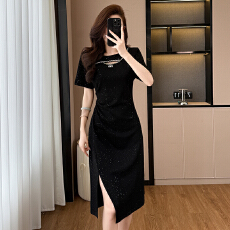 批发亮晶晶气质显瘦收腰中长款大码女装胖mm短袖夏季连衣裙黑色开叉裙