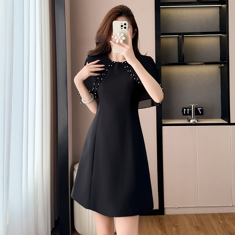 RY3774# 斗篷款假两件黑色气质修身显瘦短袖连衣裙大码女装胖mm夏新款...