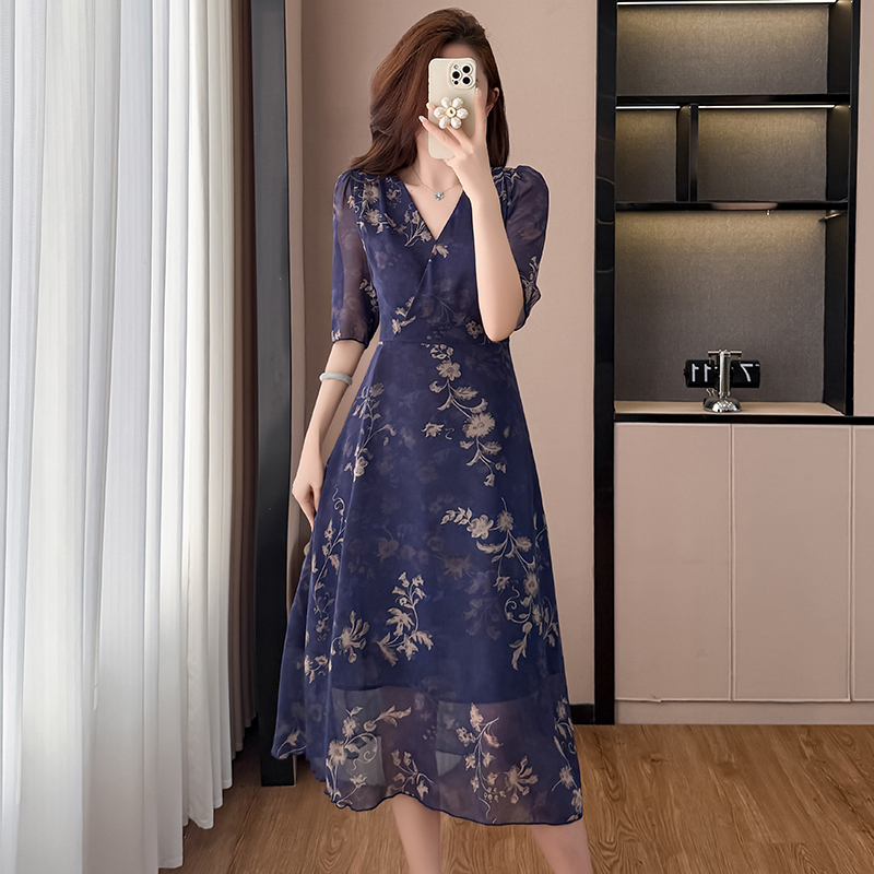 RY3773# 藏蓝色雪纺修身显瘦中长款夏季新款阔太太妈妈装时尚洋气A字裙子