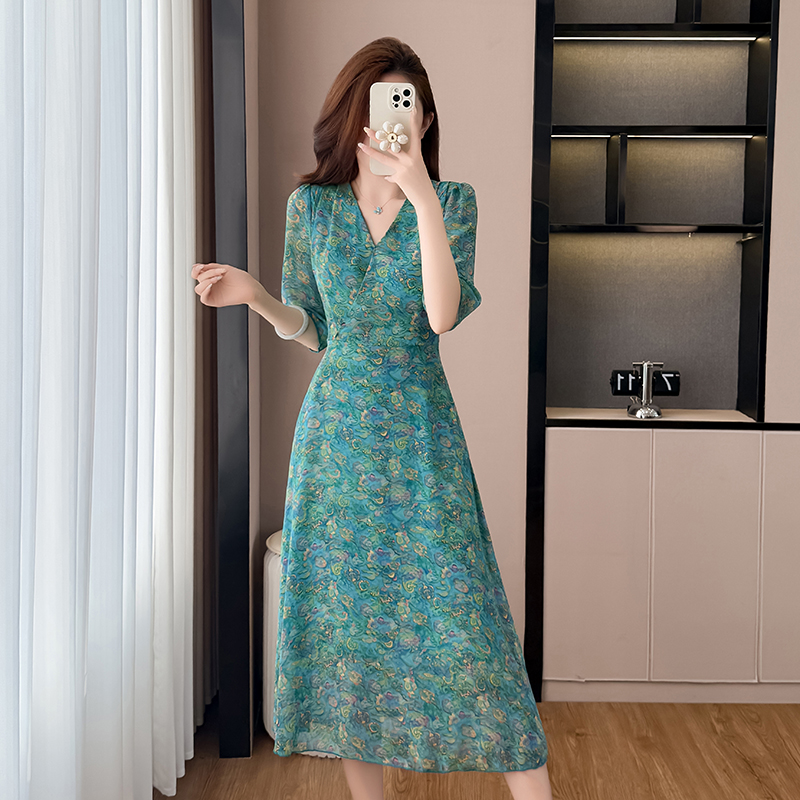 RY3772# 雪纺碎花时尚洋气修身显瘦中长款阔太太妈妈装短袖连衣裙夏季新...