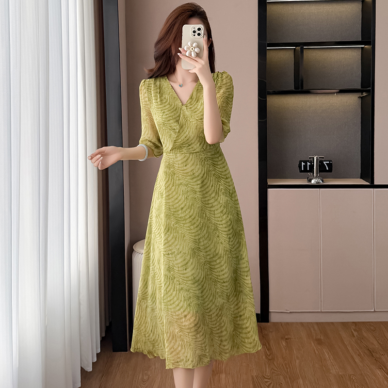 RY3771# 时尚洋气夏季轻薄透气雪纺连衣裙修身显瘦中长款阔太太女装妈妈...