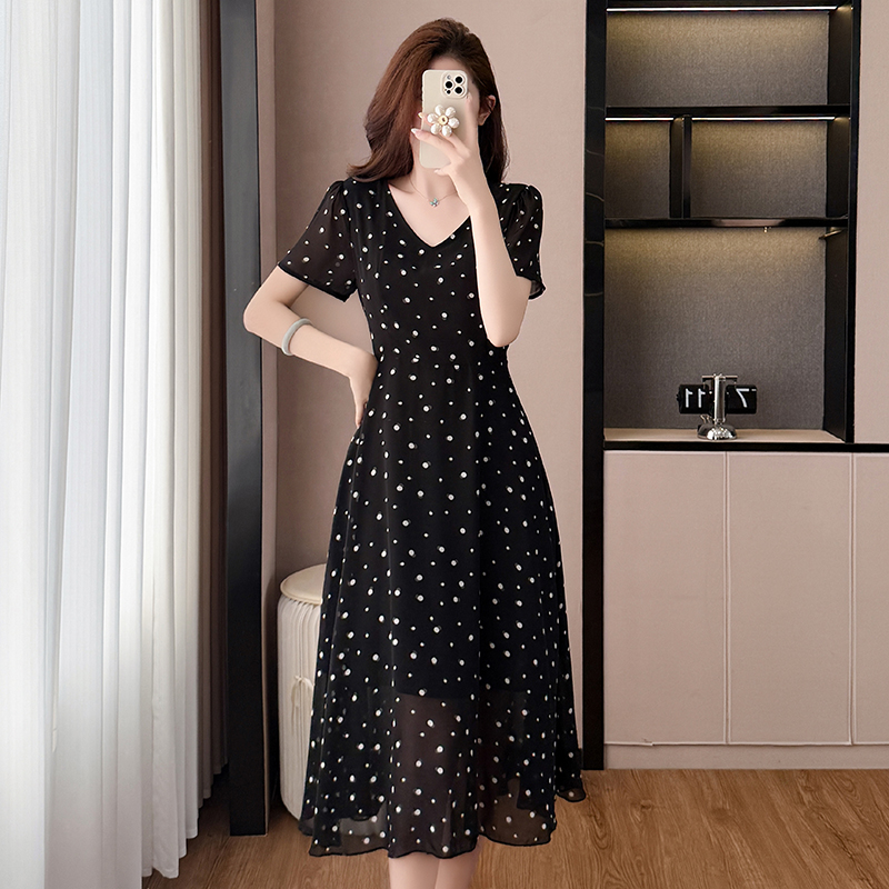 RY3770# 圆点波点雪纺中长款修身显瘦黑色气质大码女装胖mm短袖连衣裙...