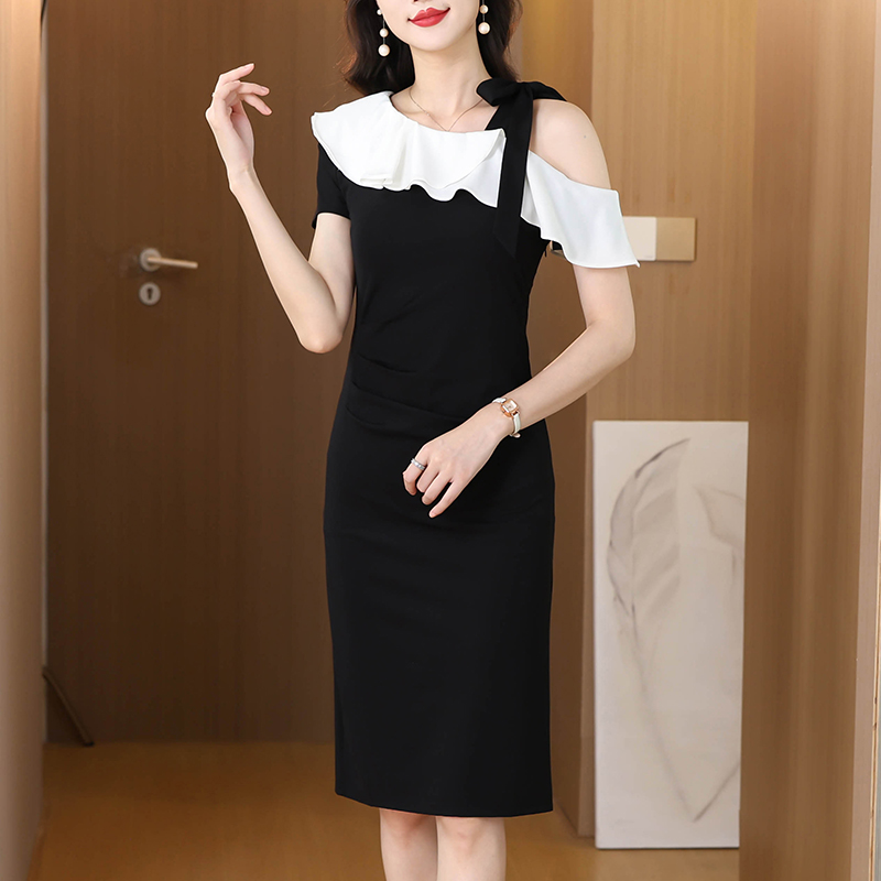 오프숄더 섹시함 몸매 가꾸기 슬림해 보이는 빅 사이즈 여성 의류 지방 mm 반팔 중간 길이 점프 슈트 치마 여름 새로운 넓은 아내