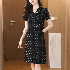 批发黑色印花气质<b class='q'>妈妈</b><b class='q'>装</b>职场大<b class='q'>码</b>女<b class='q'>装</b>胖mm短袖修身显瘦夏季新款连衣裙