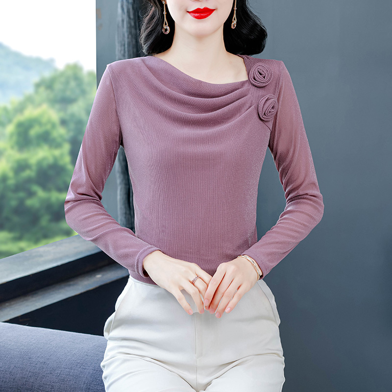 RY9141# 高档网纱褶皱花朵打底衫女春秋新款时尚洋气修身百搭T恤小衫上...