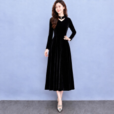 批发赫本风金丝绒<b class='q'>连衣</b>裙大码胖mm收腰显瘦遮肚黑色<b class='q'>长裙</b>秋冬长袖妈妈装