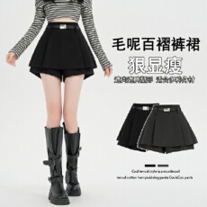 批发实拍 2025年<b class='q'>秋</b>冬新款高腰百搭通勤毛呢百褶裙半身裙短裙短裤裙裤