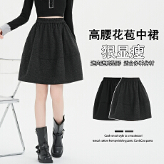 批发实拍 灰色毛呢短裙女秋冬新款中裙松紧腰高腰显瘦百搭a字<b class='q'>半身裙</b>