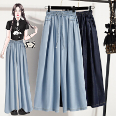 批发实拍牛仔天丝裤女高腰<b class='q'>夏</b>季新款胖mm大码宽松显瘦九分阔腿裤子女