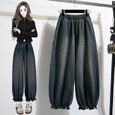 批发实拍木耳边拼接牛仔纯棉阔腿裤<b class='q'>女</b>秋季新款九分花苞灯笼裤工<b class='q'>装裤</b>