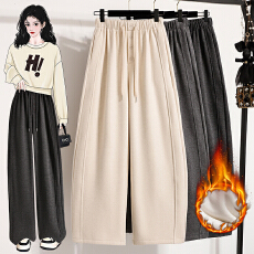 批发实拍加绒羊绒单排扣抽绳直筒休闲裤秋冬慵懒风宽松运动长裤子女