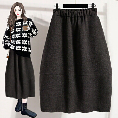 批发实拍大码复古毛呢A版半身裙女<b class='q'>秋</b>冬新款韩系极简压褶显瘦中长裙