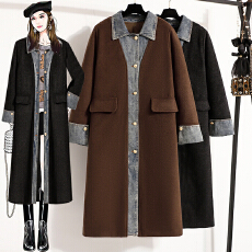 批发实拍南岛风大码女装胖mm遮肚子毛毛拼接<b class='q'>牛仔</b>毛呢外套秋冬宽松大衣