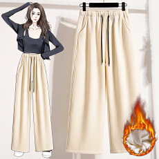 批发实拍慵懒风米杏色阔腿裤女秋冬加绒大码胖mm宽松显瘦直筒休闲裤