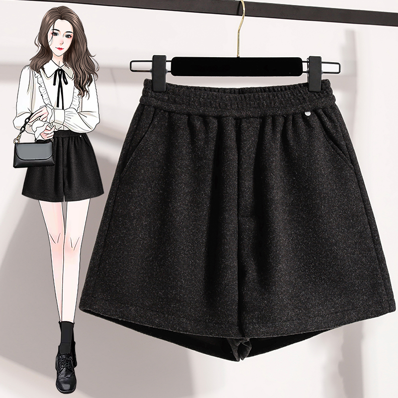 实拍黑灰色高腰毛呢短裤女2025年冬大码胖MM季新款显瘦百搭阔腿裤