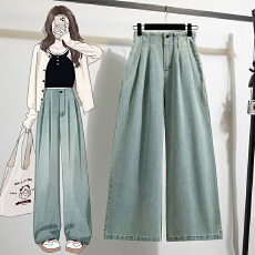 批发实拍大码分割大摆牛仔<b class='q'>裤</b>女洗水直筒高腰阔<b class='q'>腿</b>立体解构显瘦长<b class='q'>裤</b>女