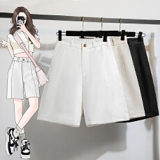 批发实拍日系复古白色棉麻西装大码女夏季薄款a字亚麻阔腿中裤五分裤