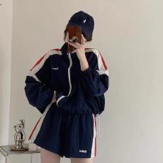 批发撞色复古防晒运动套装女<b class='q'>夏季</b>宽松<b class='q'>户外</b>跑步登山轻薄外套短裤两件套