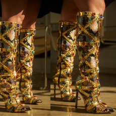 批发重工系列！2025年新款水钻民族风尖头高跟女靴子35-42码