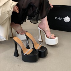 批发26<b class='q'>夏</b>季新款水钻透明带防水台凉拖 方头粗跟超高跟一字拖 网红同款