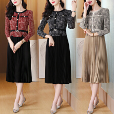 批发<b class='q'>欧洲站</b>2025秋季新款时尚褶皱圆领拼接修身显瘦<b class='q'>连衣裙</b>中长款百褶裙