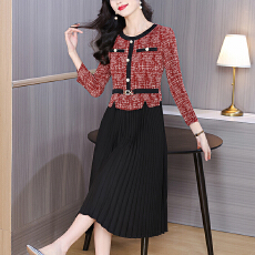 批发<b class='q'>欧洲站</b>2025秋季新款时尚褶皱圆领拼接修身显瘦<b class='q'>连衣裙</b>中长款百褶裙