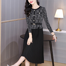 批发<b class='q'>欧洲站</b>2025秋季新款时尚褶皱圆领拼接修身显瘦<b class='q'>连衣裙</b>中长款百褶裙