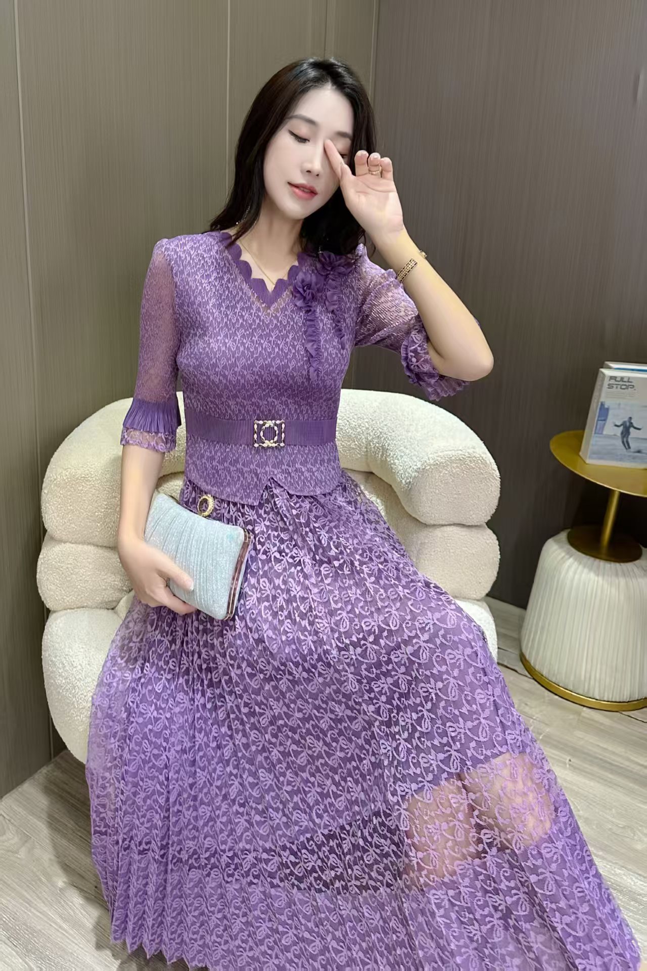 MY15695# 欧洲站新款时尚褶皱蕾丝拼接修身显瘦连衣裙中长款百褶裙女裝貨源服裝批發