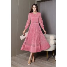 批发欧洲站2026年春新款时尚褶皱蕾丝拼接修身显瘦<b class='q'>连衣裙</b>中长款百褶裙