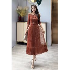 批发欧洲站2026年春新款时尚褶皱蕾丝拼接修身显瘦连衣裙中长款百褶裙