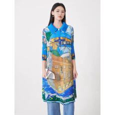 批发印花褶皱长袖连衣裙女轻奢高级感翻领印花中长款单排扣开衫外套