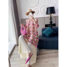 批发三宅褶皱旗袍连衣裙中式印花中长款高级感宽松时尚母亲节妈妈装裙