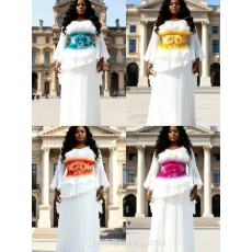 批发跨境<b class='q'>欧美</b>非洲女设计感褶皱收腰立体花朵装饰喇叭袖连衣裙印花裙