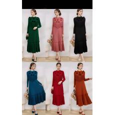 批发设计感立体花朵钉珠流苏褶皱工艺<b class='q'>连衣裙</b>长袖拼接荷叶边欧美长裙