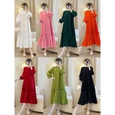 批发高级感春装新款褶皱<b class='q'>连衣裙</b>钉珠度假大码宽松荷叶边摆灯笼袖打底裙