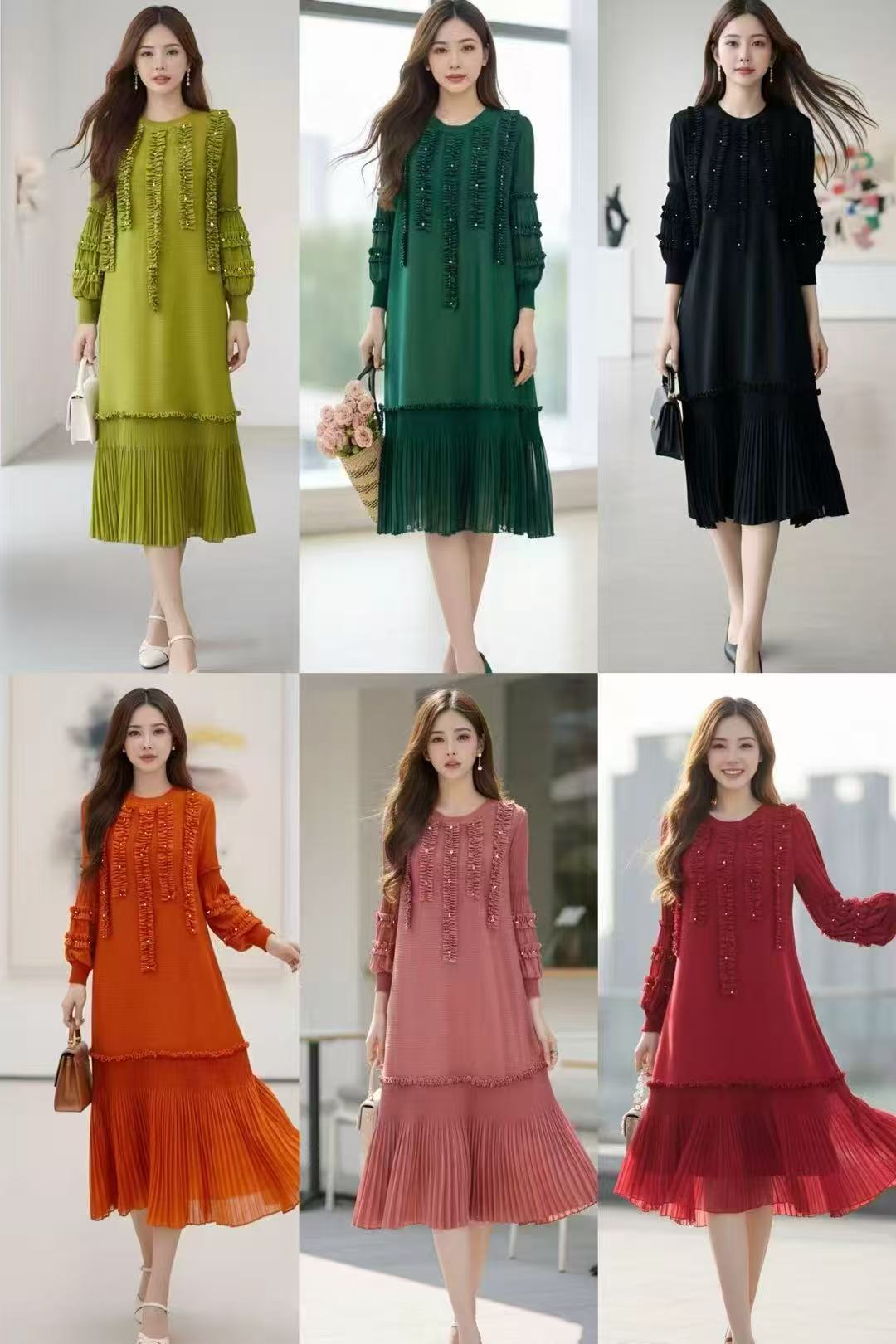 유럽 역 봄 가을 새로운 루즈핏 빅 사이즈 무거운 작업 프릴 벌룬 소매 주름 프릴 드레스 중간 길이