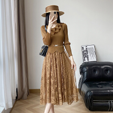 批发欧美<b class='q'>高端</b>褶皱拼接立体花朵斜领<b class='q'>连衣裙</b>女收腰蕾丝大摆优雅中长裙子